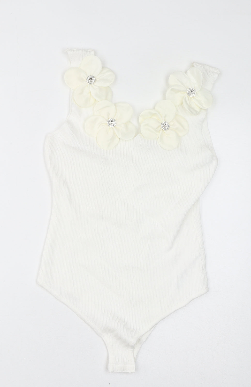 Quiz Womens White Viscose Bodysuit One-Piece Size L Button - Flowers