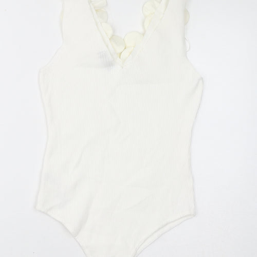 Quiz Womens White Viscose Bodysuit One-Piece Size L Button - Flowers