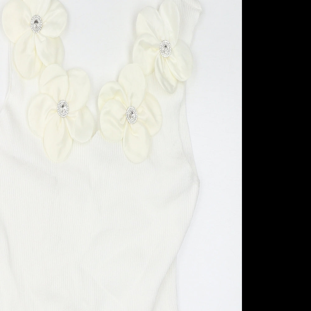 Quiz Womens White Viscose Bodysuit One-Piece Size L Button - Flowers