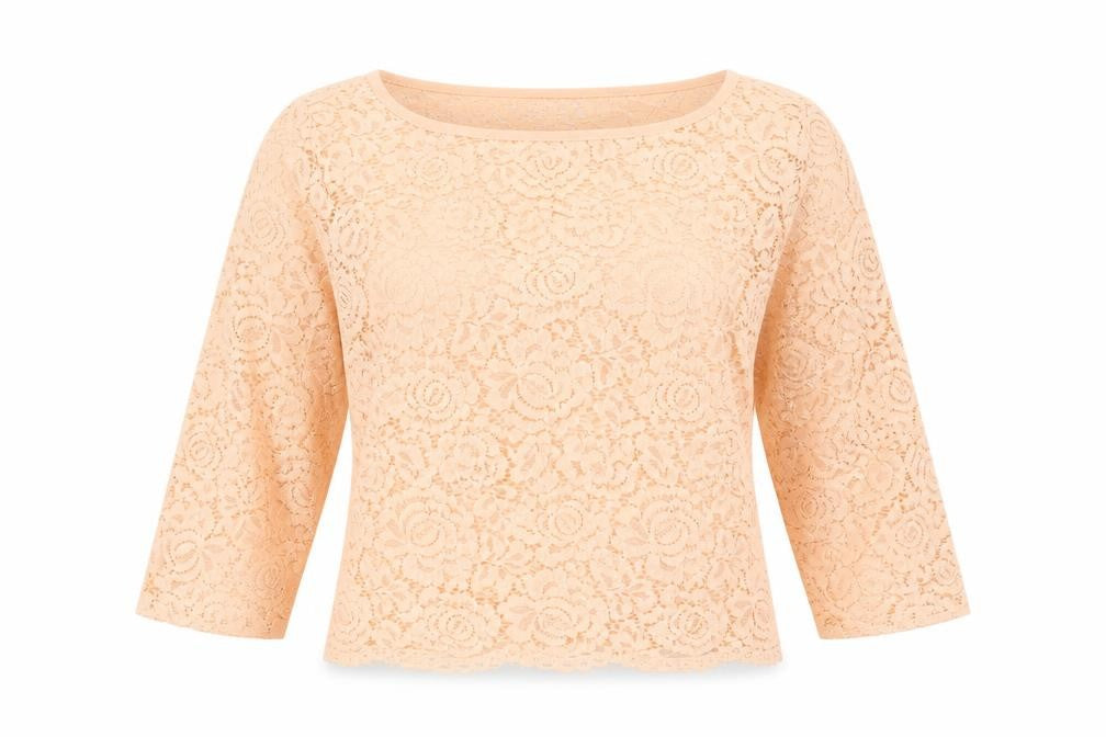Front view of Oasis women’s pink polyester basic t-shirt, size UK 14, round neck - lace