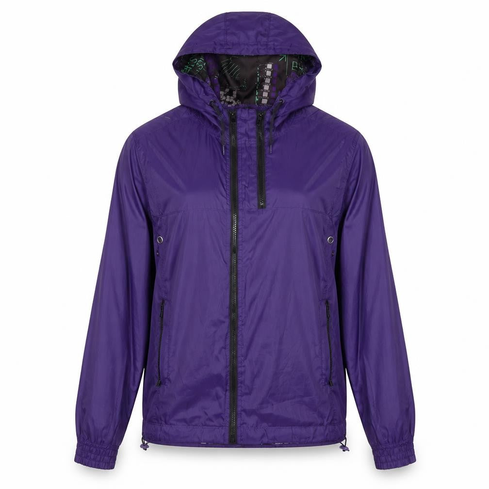 Front view of Bershka women’s purple rain coat coat, size M, zip
