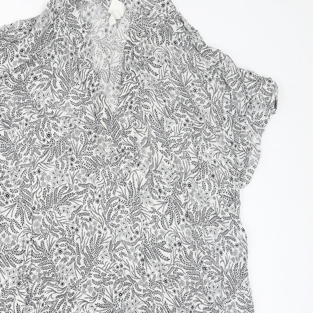 H&M Womens White Floral Viscose Basic T-Shirt Size 16 V-Neck
