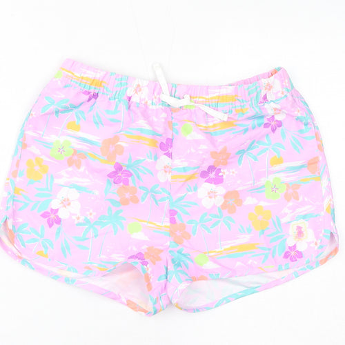 Marks and Spencer Girls Pink Floral Polyester Hot Pants Shorts Size 13-14 Years L3 in Regular Drawstring - Swim Shorts, Inside Leg-2