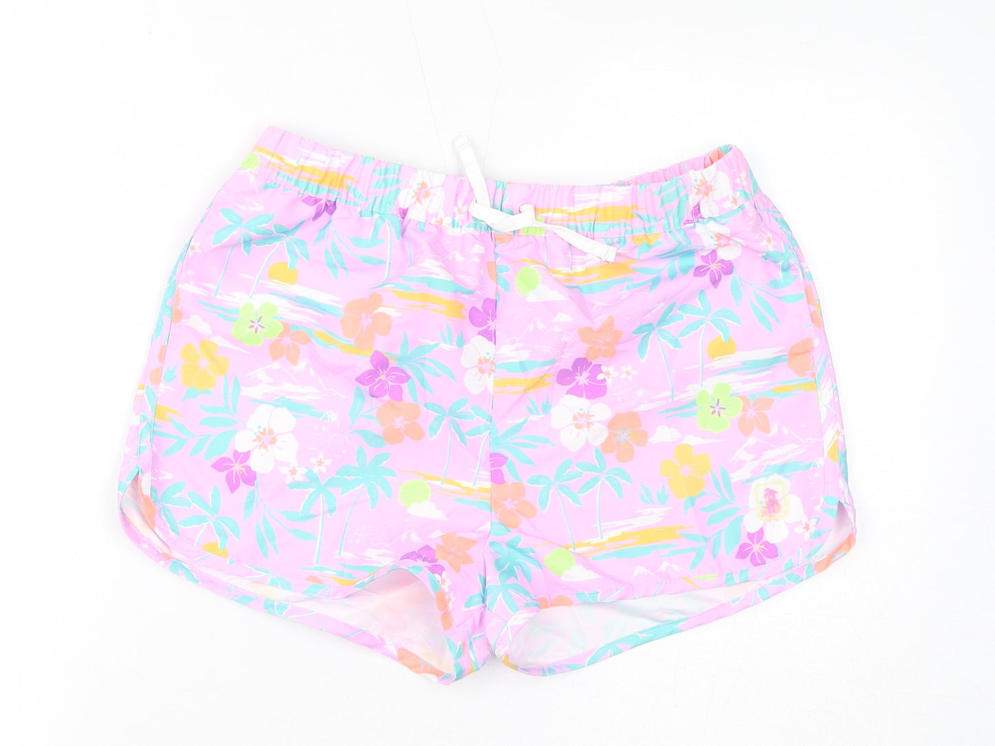 Marks and Spencer Girls Pink Floral Polyester Hot Pants Shorts Size 13-14 Years L3 in Regular Drawstring - Swim Shorts, Inside Leg-2