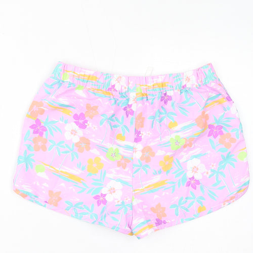 Marks and Spencer Girls Pink Floral Polyester Hot Pants Shorts Size 13-14 Years L3 in Regular Drawstring - Swim Shorts, Inside Leg-2