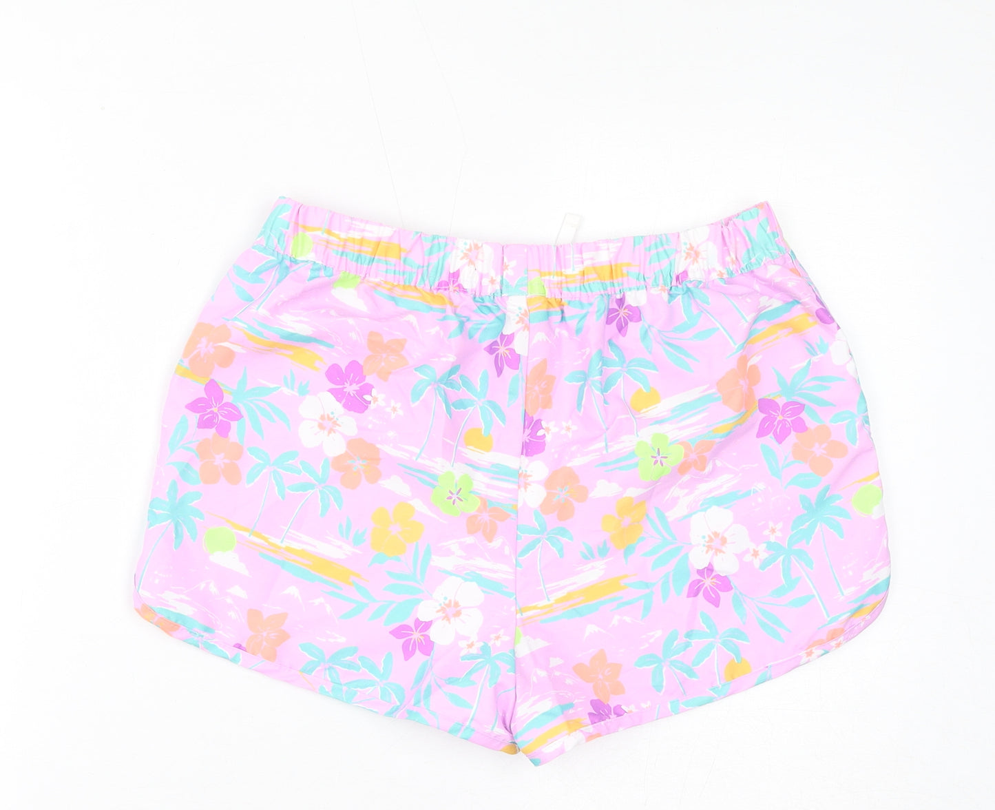 Marks and Spencer Girls Pink Floral Polyester Hot Pants Shorts Size 13-14 Years L3 in Regular Drawstring - Swim Shorts, Inside Leg-2