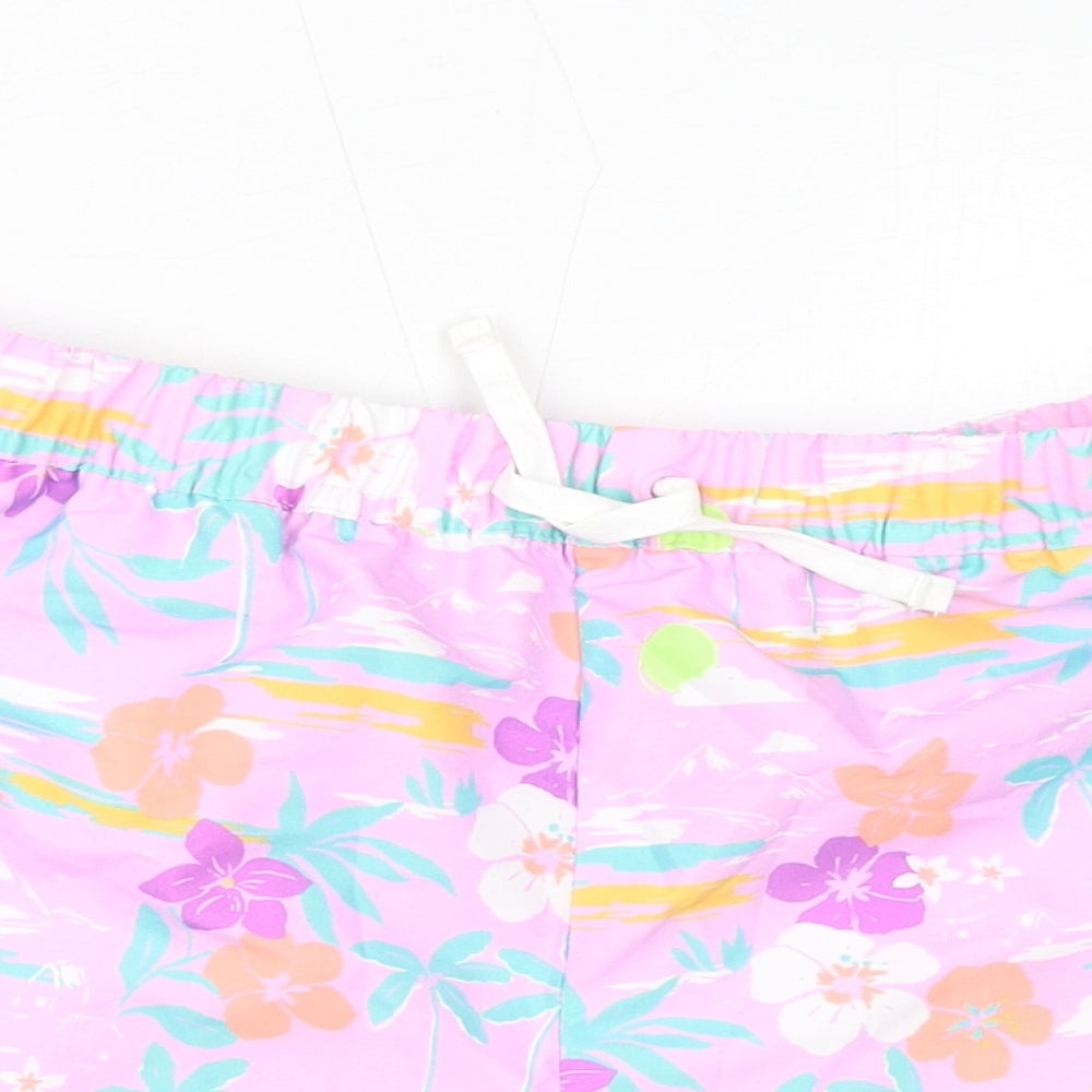Marks and Spencer Girls Pink Floral Polyester Hot Pants Shorts Size 13-14 Years L3 in Regular Drawstring - Swim Shorts, Inside Leg-2