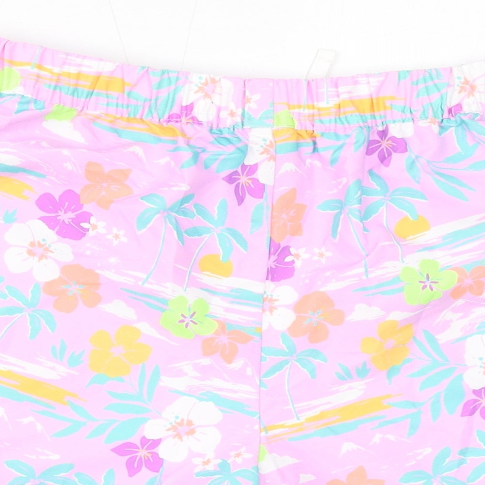 Marks and Spencer Girls Pink Floral Polyester Hot Pants Shorts Size 13-14 Years L3 in Regular Drawstring - Swim Shorts, Inside Leg-2