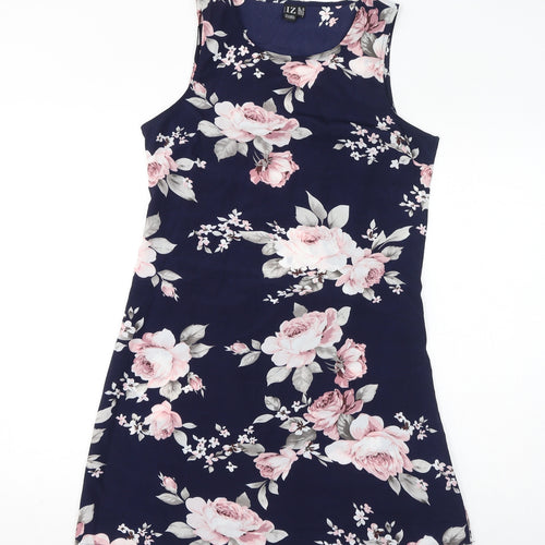 Izabel London Womens Blue Floral Polyester A-Line Size 12 Round Neck Zip