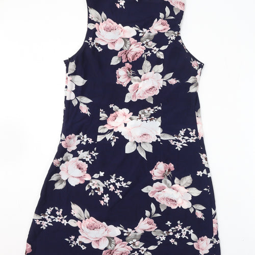 Izabel London Womens Blue Floral Polyester A-Line Size 12 Round Neck Zip