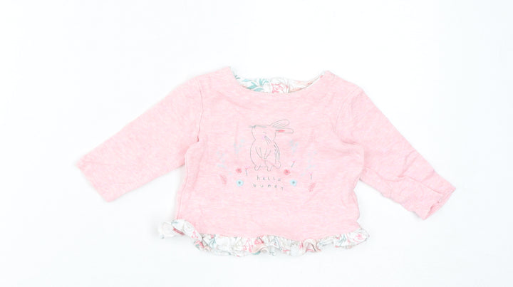 Mini Club Girls Pink Cotton Basic T-Shirt Size 3-6 Months Round Neck Pullover - Hello Bunny