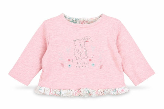 Front view of Mini Club girls’ pink cotton basic t-shirt, size 3-6, months round neck pullover - hello bunny