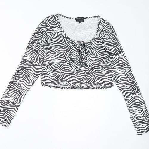 Wednesday's Girl Womens White Animal Print Polyester Basic T-Shirt Size M Round Neck - Zebra, Cropped
