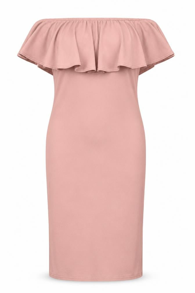 Front view of Boohoo women’s pink polyester bodycon, size UK 10, off the shoulder zip