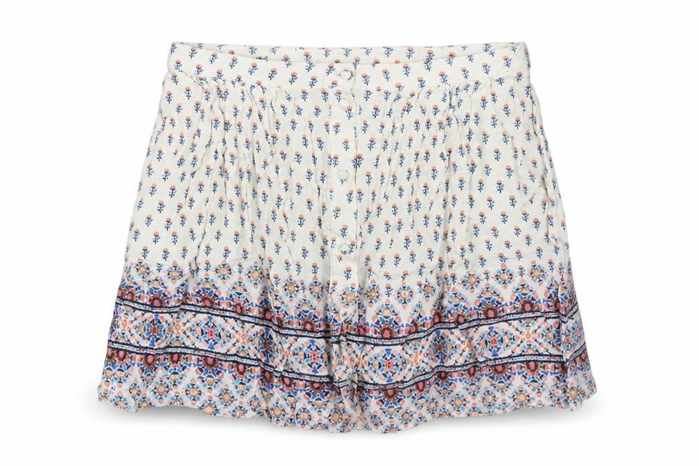 Front view of New Look women’s white floral viscose mini skirt, size UK 8, button