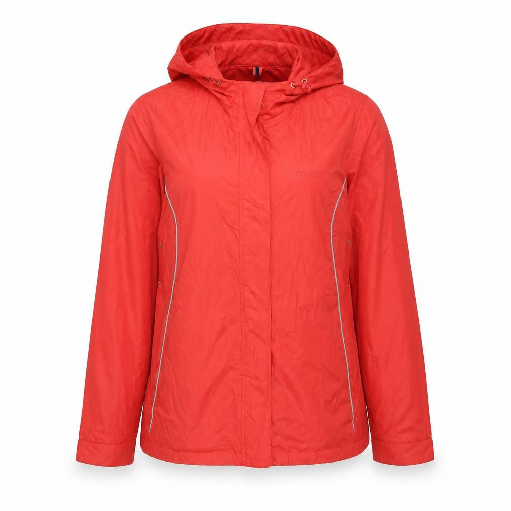 Front view of Maine New England women’s red rain coat coat, size UK 16, zip