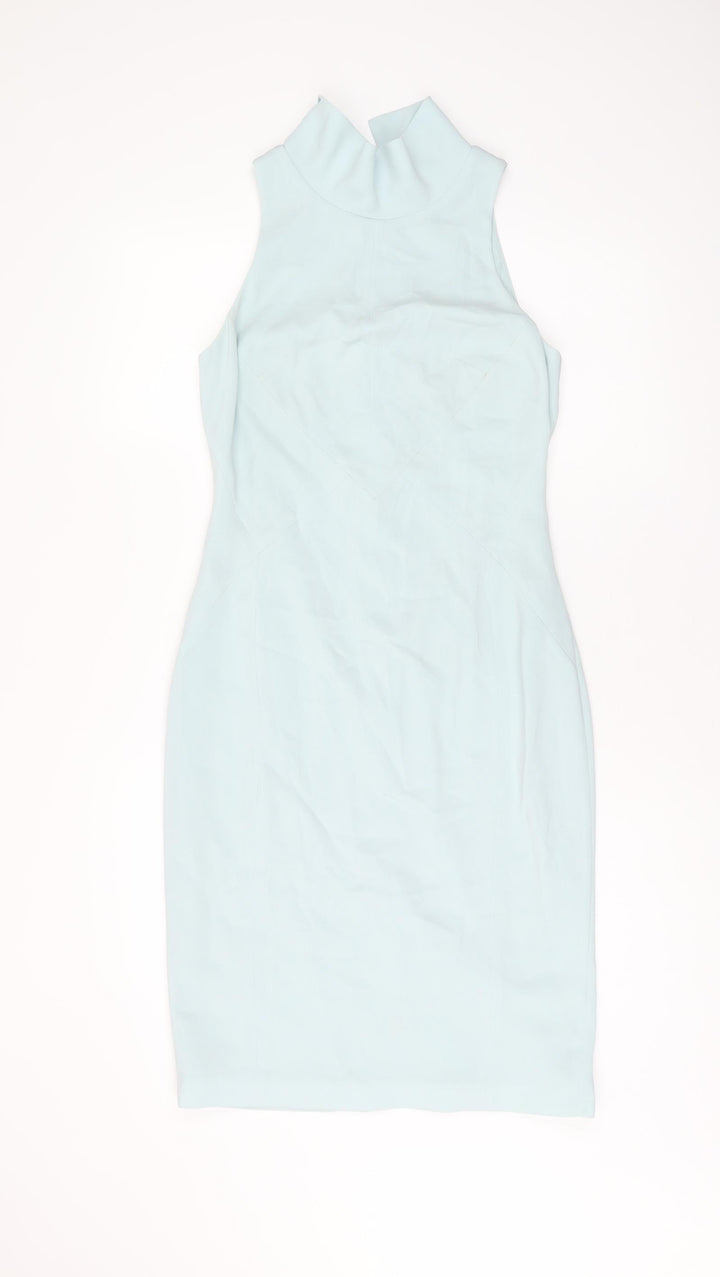 Coast Womens Blue Acetate Bodycon Size 8 High Neck Zip