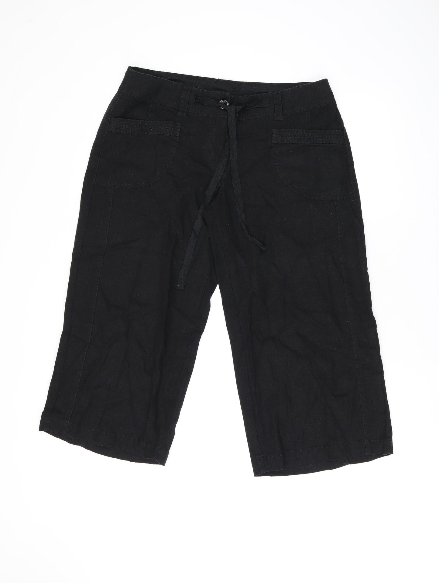 NEXT Womens Black Linen Cropped Trousers Size 12 L21 in Regular Zip