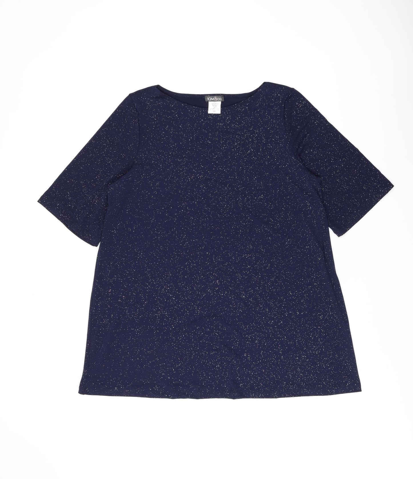 Kim&co Womens Blue Polyester Basic T-Shirt Size L Boat Neck - Sparkle Effect