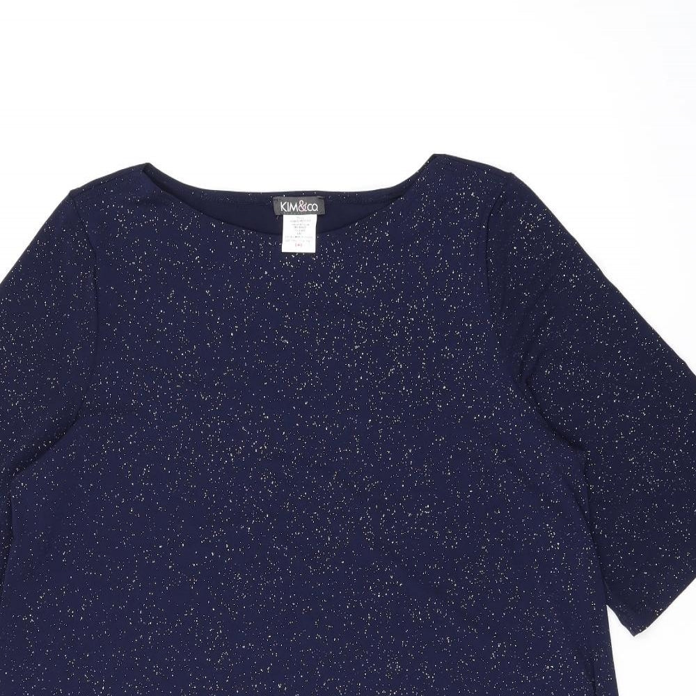 Kim&co Womens Blue Polyester Basic T-Shirt Size L Boat Neck - Sparkle Effect
