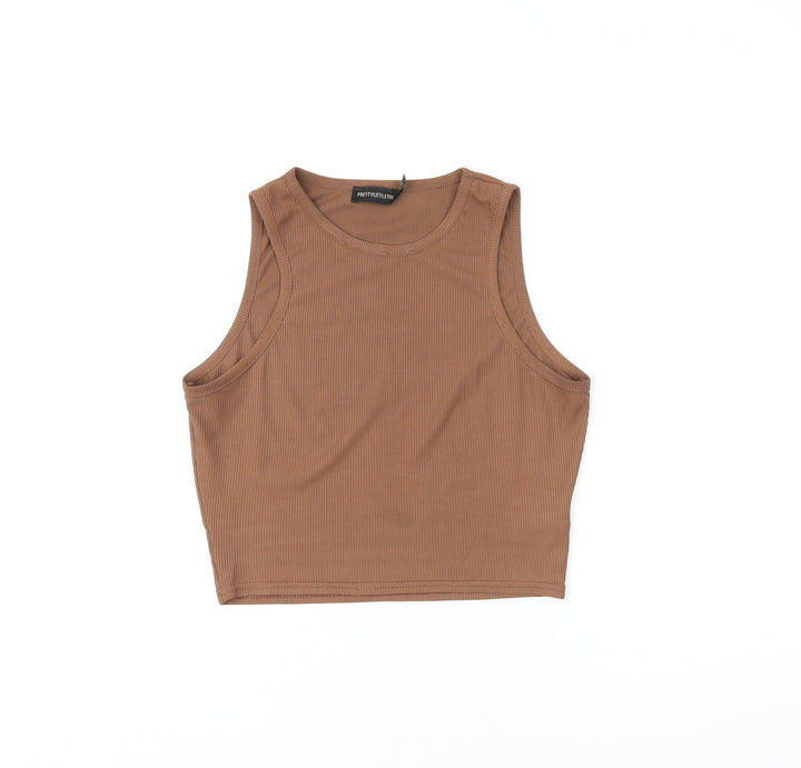 PRETTYLITTLETHING Womens Brown Polyester Cropped T-Shirt Size 10 Round Neck - Ribbed Fabric