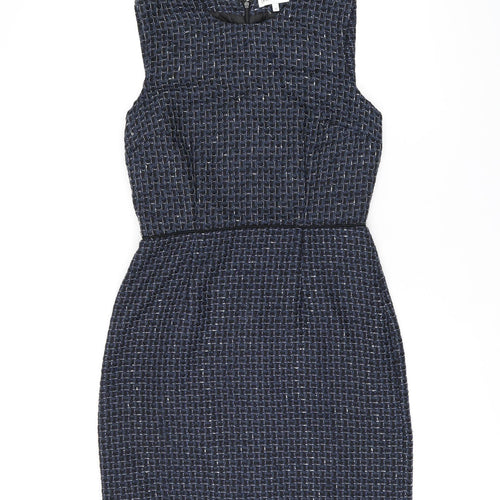 Warehouse Womens Blue Geometric Polyester Bodycon Size 10 Round Neck Zip