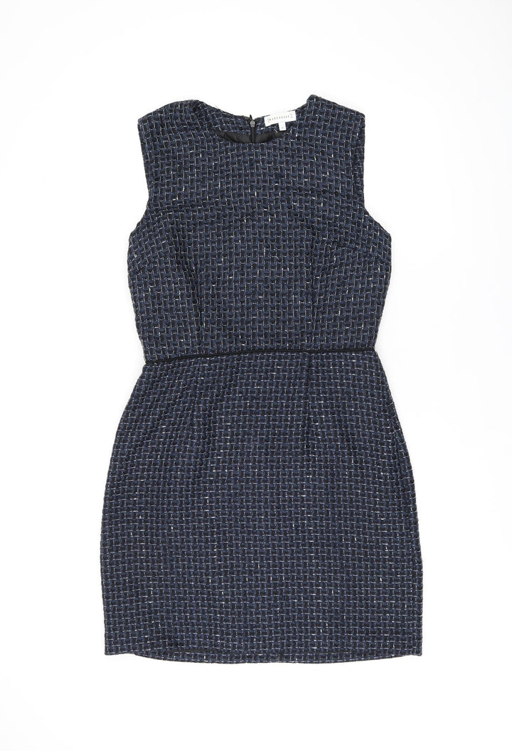 Warehouse Womens Blue Geometric Polyester Bodycon Size 10 Round Neck Zip