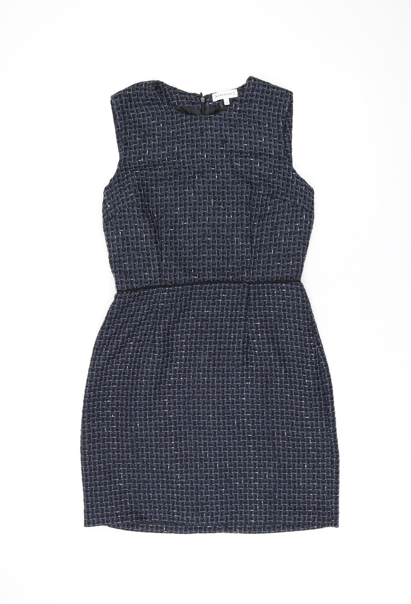 Warehouse Womens Blue Geometric Polyester Bodycon Size 10 Round Neck Zip