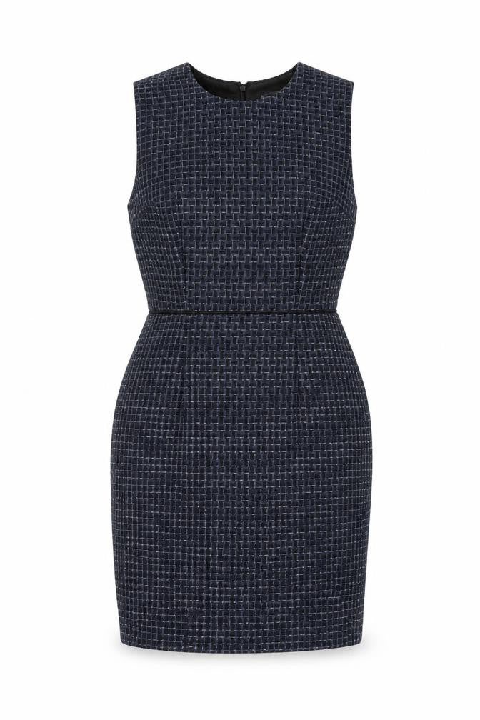 Front view of Warehouse women’s blue geometric polyester bodycon, size UK 10, round neck zip