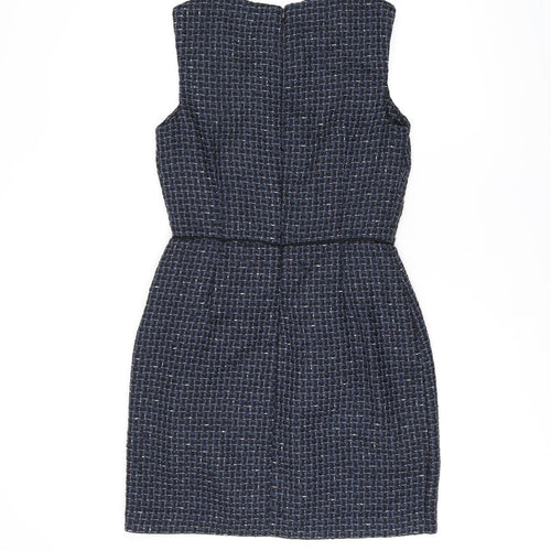 Warehouse Womens Blue Geometric Polyester Bodycon Size 10 Round Neck Zip