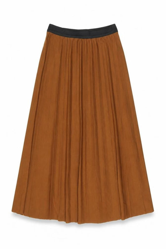 Front view of Goose Island women’s brown polyester swing skirt, size UK 8