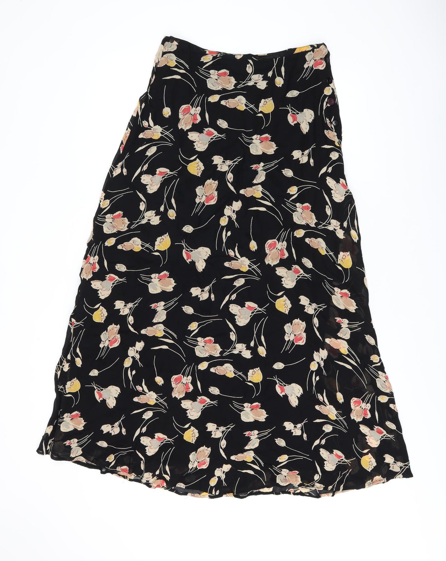 NEXT Womens Black Floral Viscose Flare Skirt Size 10 Button
