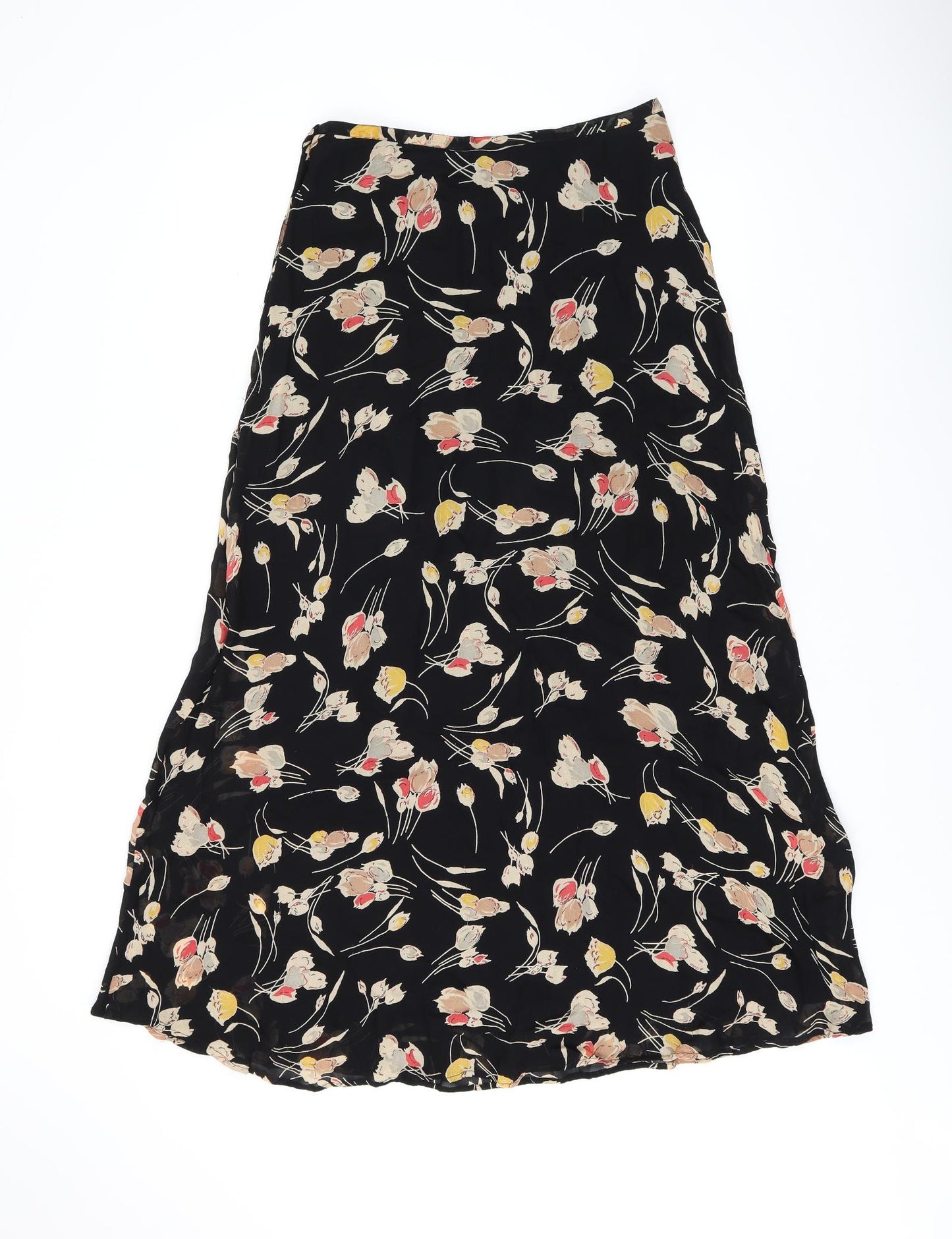 NEXT Womens Black Floral Viscose Flare Skirt Size 10 Button