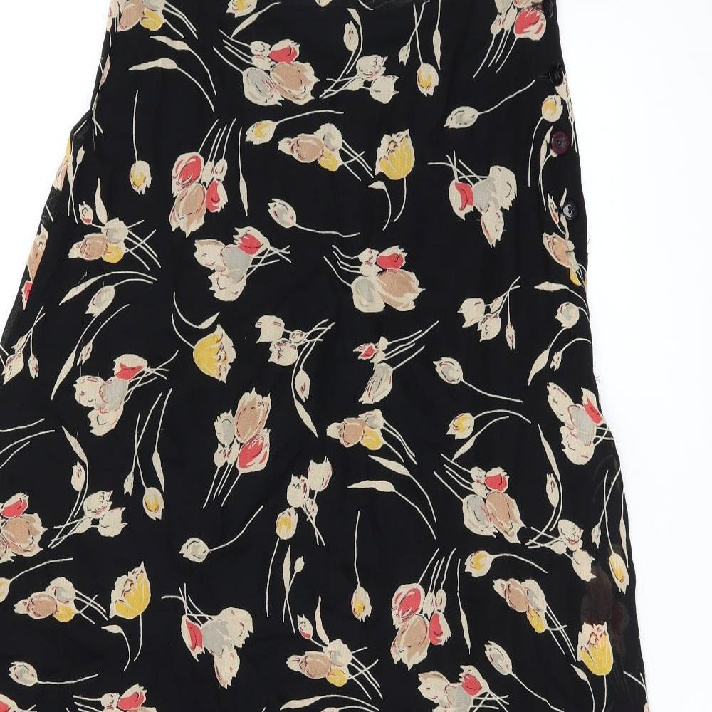 NEXT Womens Black Floral Viscose Flare Skirt Size 10 Button