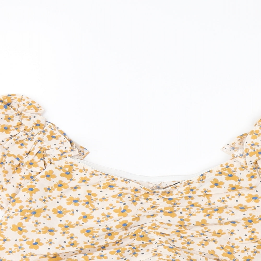Boohoo Womens Ivory Floral Polyester Cropped T-Shirt Size 10 Off the Shoulder