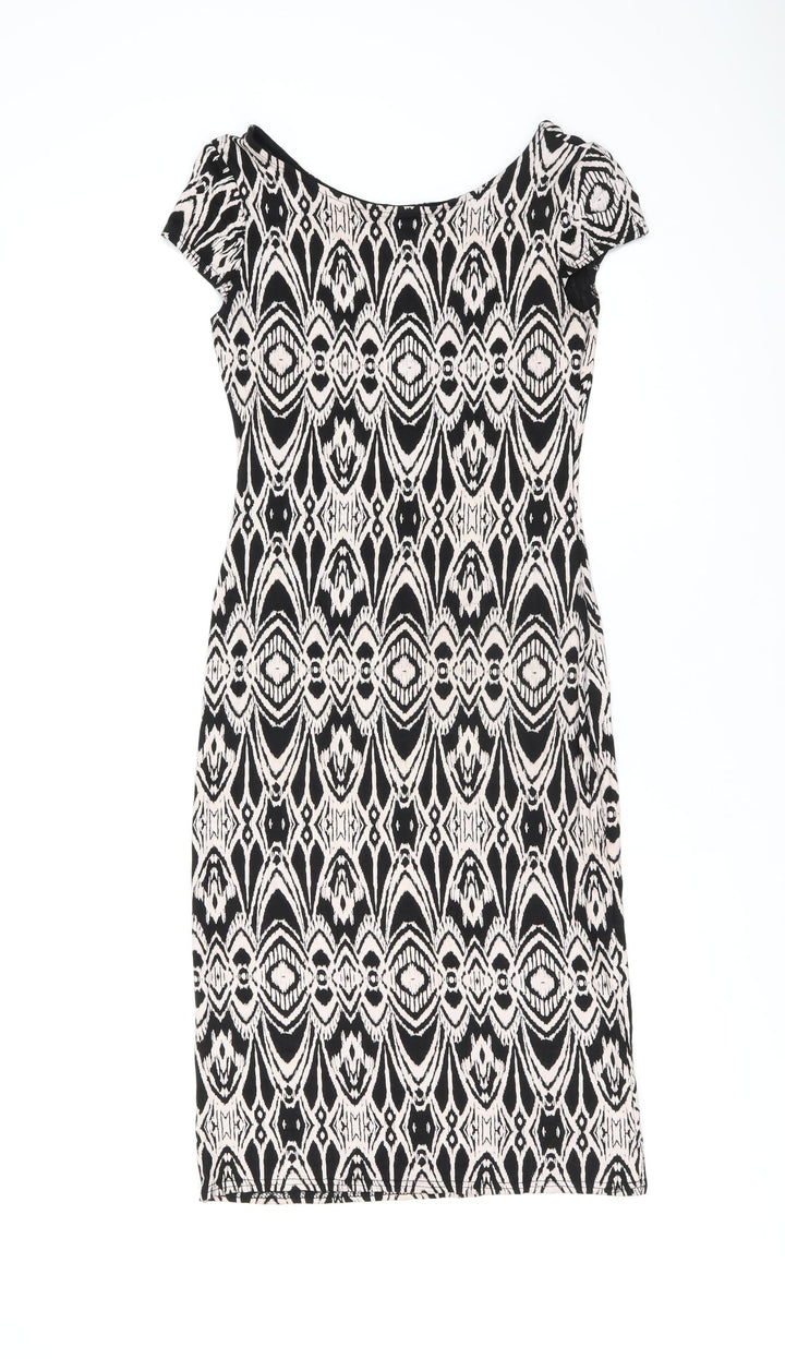 Evita Womens Black Geometric Viscose Bodycon Size 8 Boat Neck Pullover