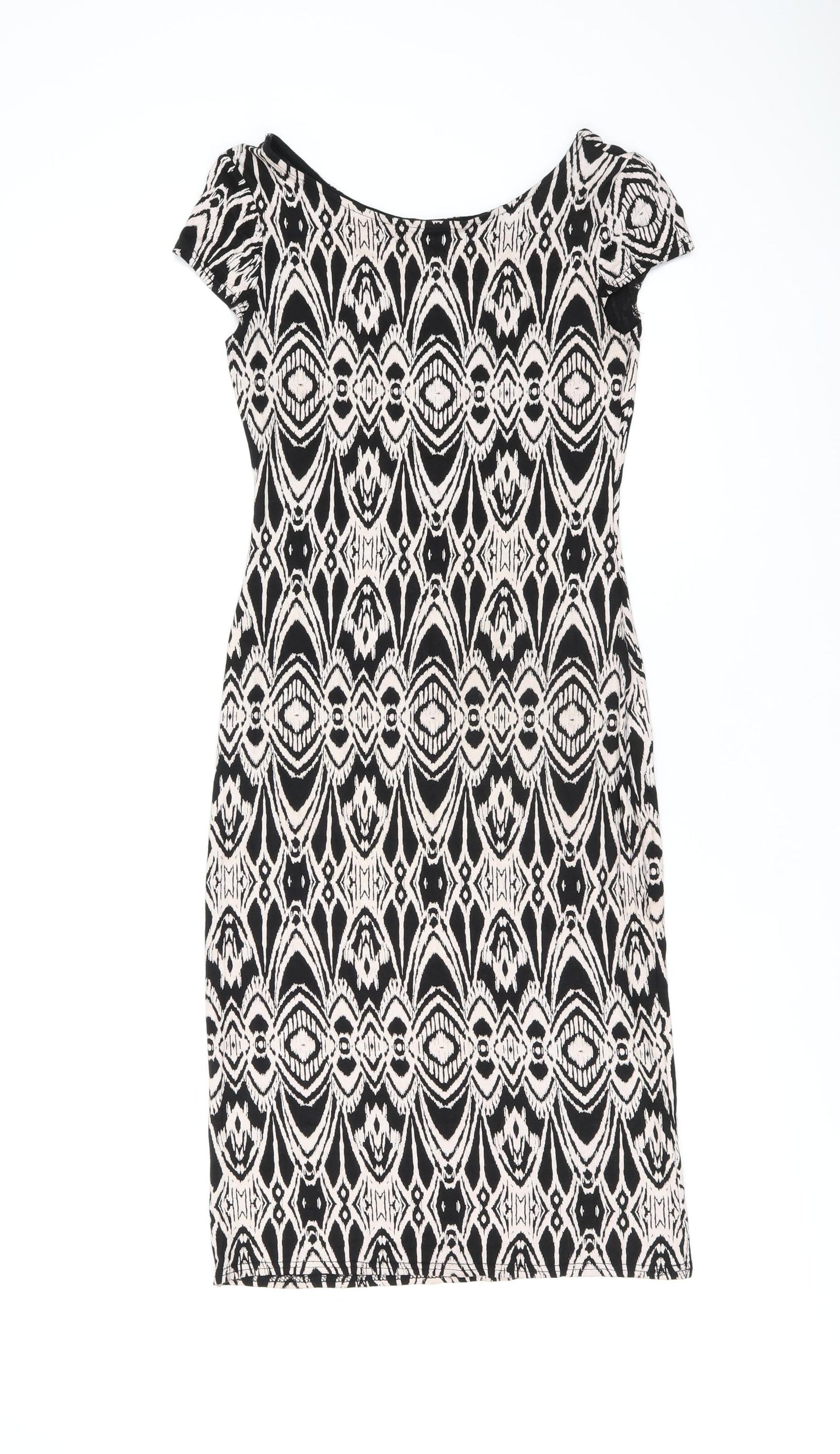 Evita Womens Black Geometric Viscose Bodycon Size 8 Boat Neck Pullover