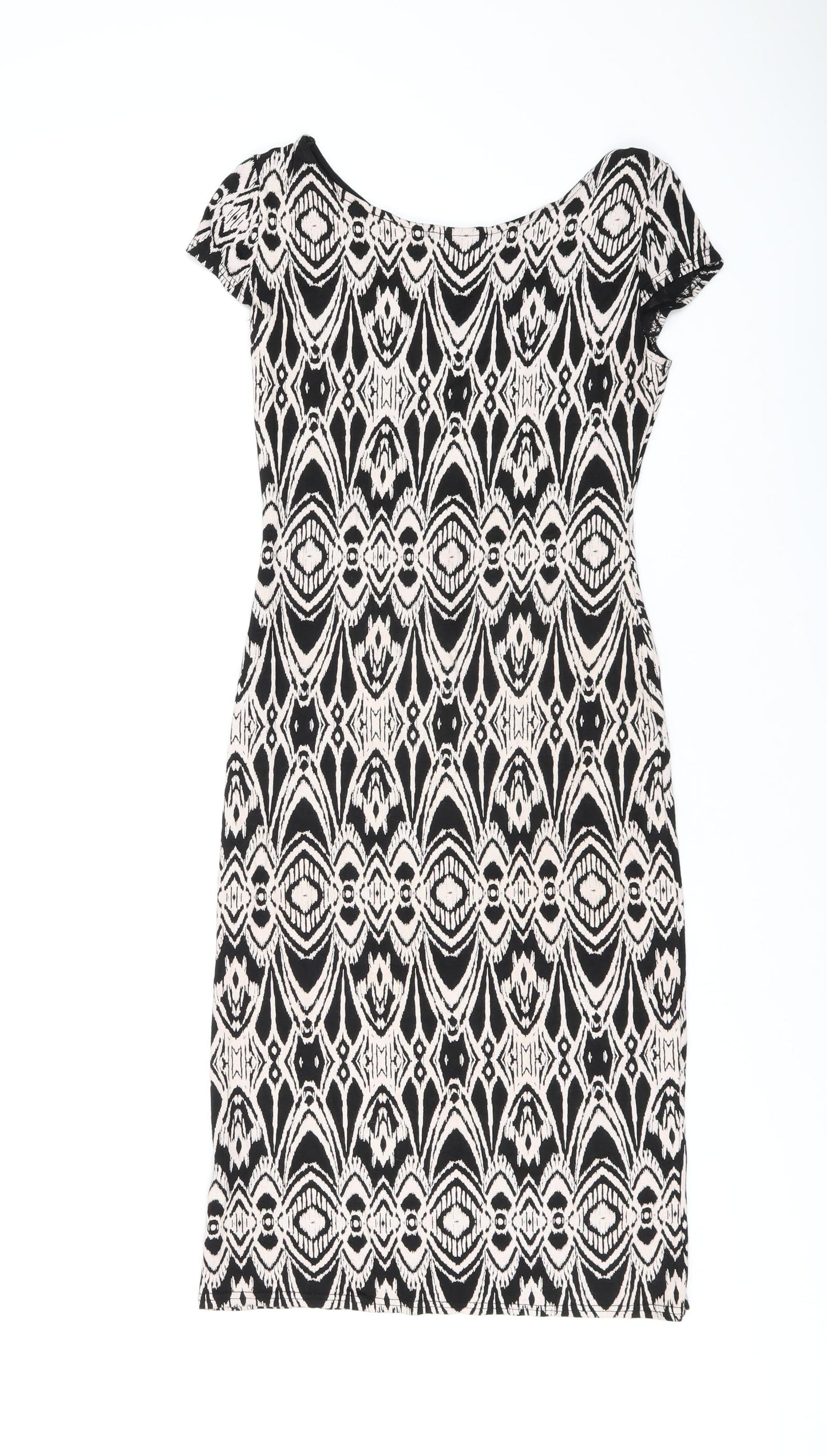 Evita Womens Black Geometric Viscose Bodycon Size 8 Boat Neck Pullover