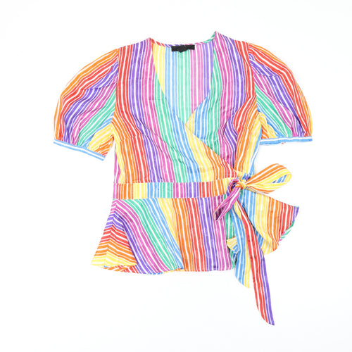 find. Womens Multicoloured Striped Polyester Wrap T-Shirt Size 10 V-Neck