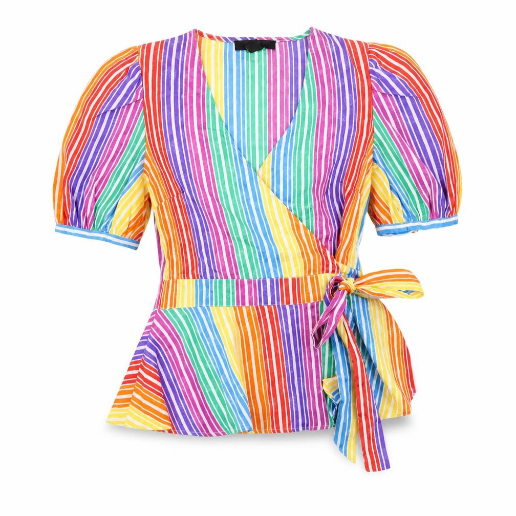 Front view of find. women’s multicoloured striped polyester wrap t-shirt, size UK 10, v-neck