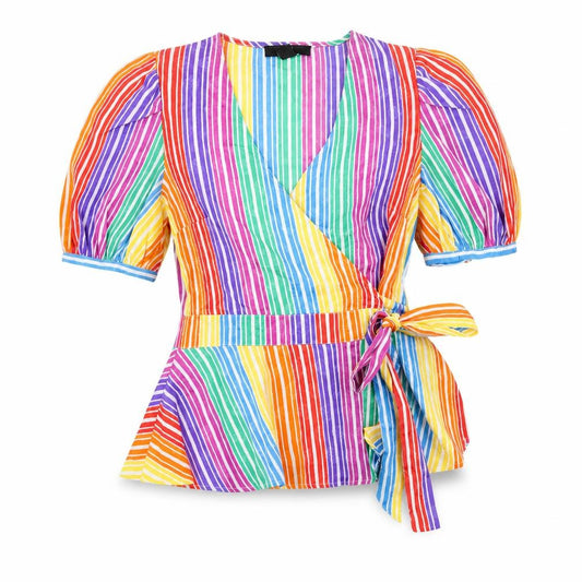 Front view of find. women’s multicoloured striped polyester wrap t-shirt, size UK 10, v-neck
