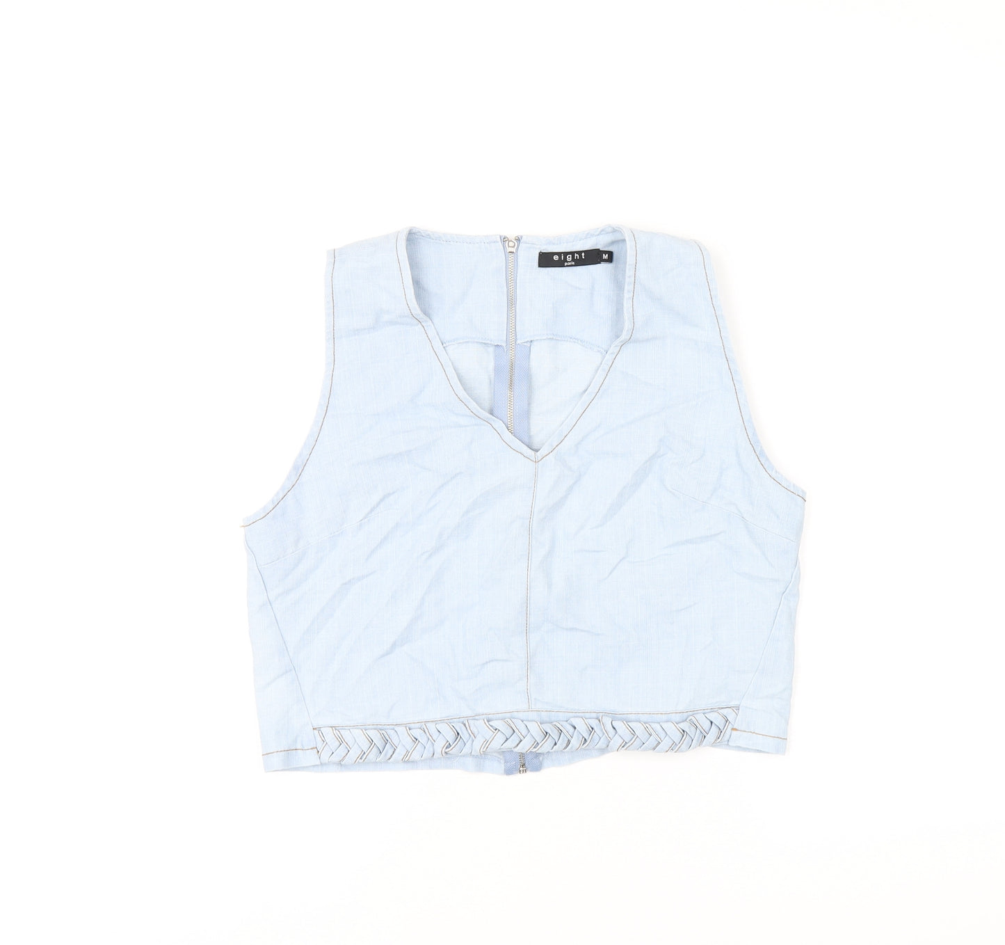 Eight Womens Blue Cotton Cropped T-Shirt Size M V-Neck