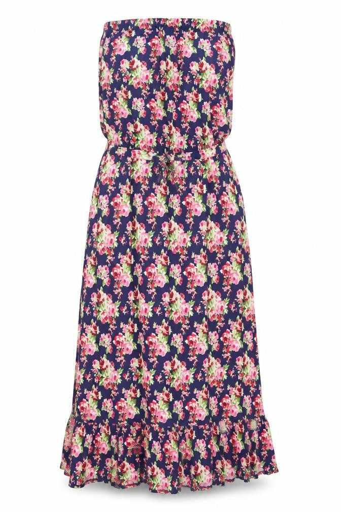 Front view of Next women’s purple floral viscose maxi, size UK 10, off the shoulder drawstring