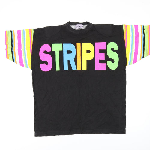 Honey Womens Black Striped Cotton Basic T-Shirt One Size Round Neck - Stripes