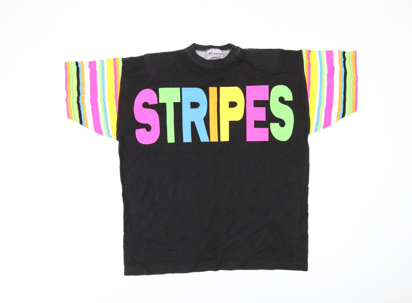 Honey Womens Black Striped Cotton Basic T-Shirt One Size Round Neck - Stripes