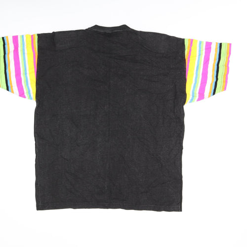 Honey Womens Black Striped Cotton Basic T-Shirt One Size Round Neck - Stripes