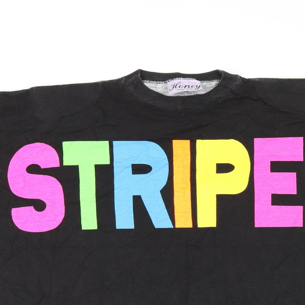 Honey Womens Black Striped Cotton Basic T-Shirt One Size Round Neck - Stripes