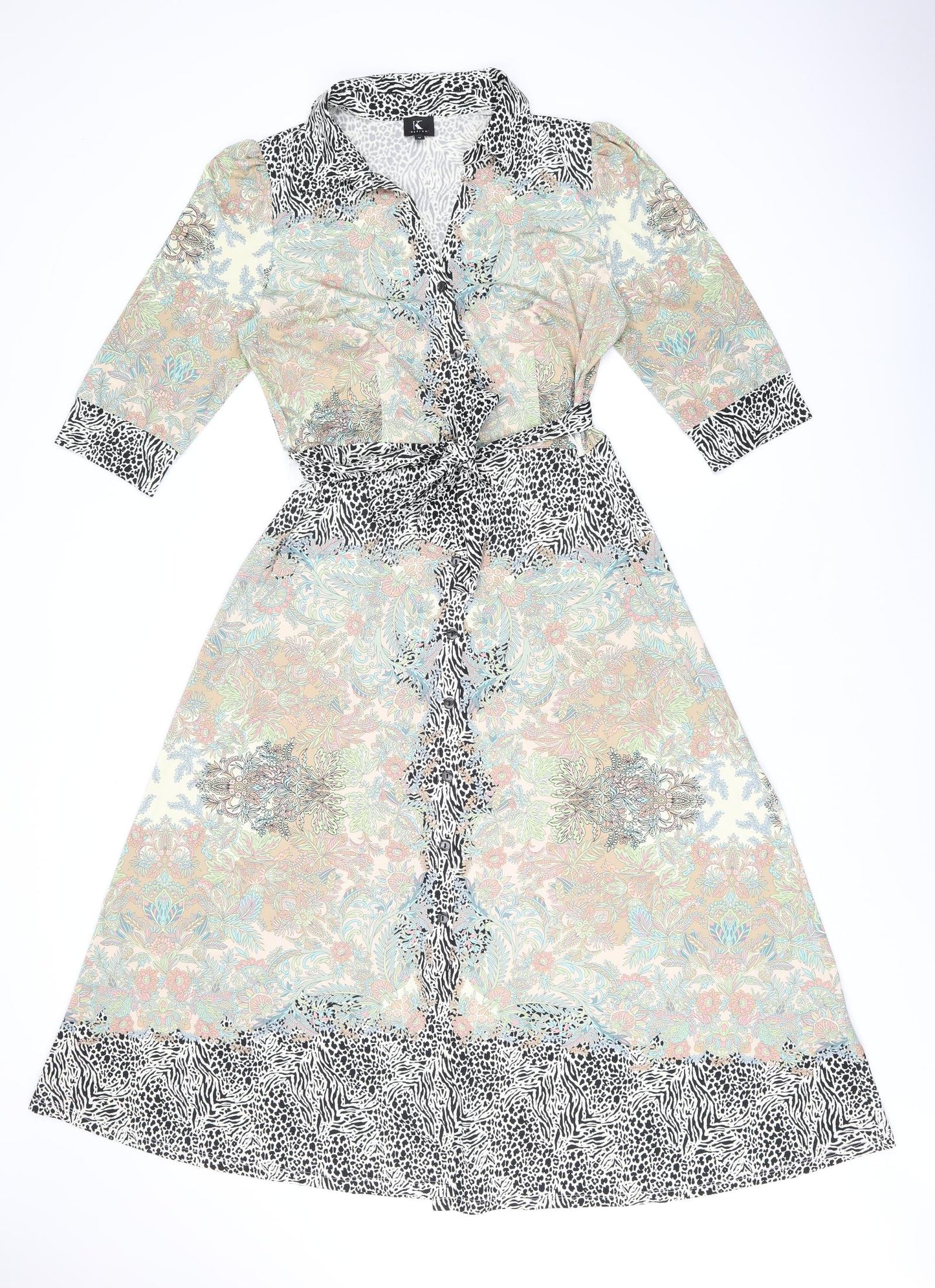 K Design Womens Multicoloured Floral Polyester Shirt Dress Size M Collared Button - Belted