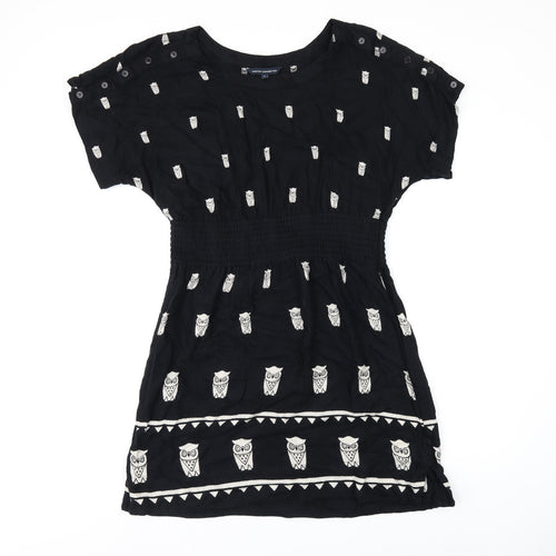 French Connection Womens Black Geometric Viscose Skater Dress Size 8 Round Neck Button - Owl Print