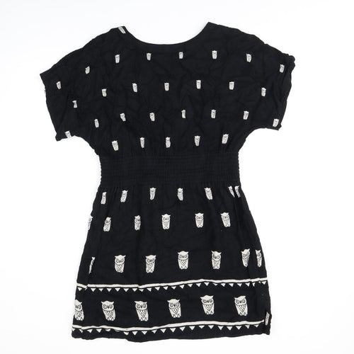 French Connection Womens Black Geometric Viscose Skater Dress Size 8 Round Neck Button - Owl Print